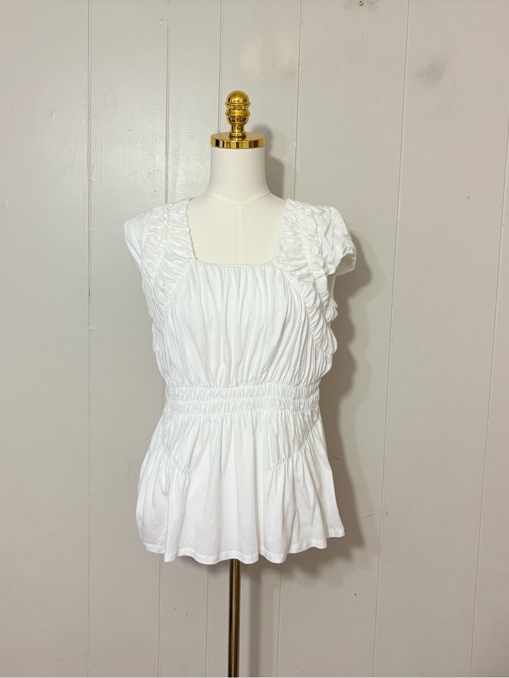 Sundance White Ruched Smocked Cotton Modal Short Sleeve Blouse Top Size S